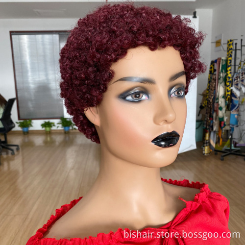 Wholesale Short Afro Curly Human Hair Wigs For Black Women Brazilian Short Pixie Cut Full Machine Made Wig 99J Remy Hair